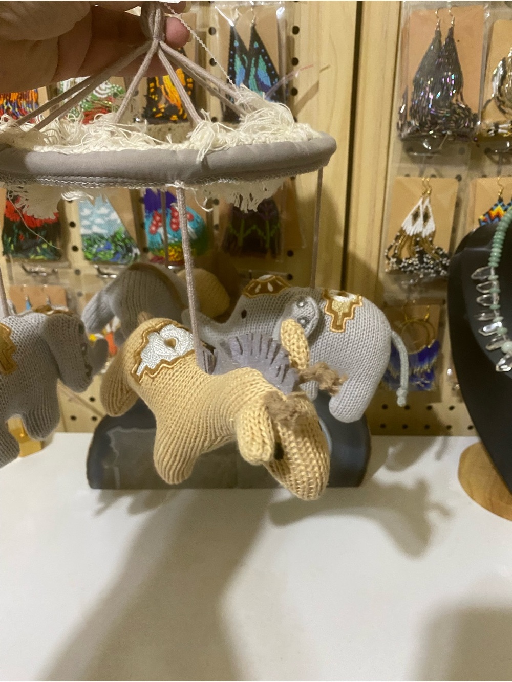 Handmade Knit Elephant Mobile - Beige & Gray Accent